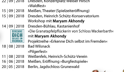Vergangene Termine 2015: 18.12.2015 Höfgen, Denkmalschmiede (Weihnachtsdinner) 12.12.2015 Altkötzschenbroda, Lichterglanz & Budenzauber  06.12.2015 Altkötzschenbroda, Lichterglanz & Budenzauber    28.11.2015 Altkötzschenbroda, Lichterglanz & Budenzauber    13.11.2015 Dresden, Kabarett Breschke & Schuch (CD-Release-Konzert) 05.07.2015 Radebeul, Landesbühnen (Summerlounge) 26.06.2015 Dresden-Loschwitz (Eröffnungskonzert Elbhangfest)  21.06.2015 Havelberg, Domplatz (Bundesgartenschau) 31.05.2015 Brugg/Schweiz, Schloss Habsurg (Habsburgertag) 10.05.2015 Kleinliebenau, Rittergutskirche 10.05.2015 Borna, Kirche St. Joseph 01.05.2015 Klaffenbach/Chemnitz, Wasserschloss 25.03.2015 Dresden, Gymnasium Bürgerwiese 23.03.2015 Dippoldiswalde, Glückauf-Gymnasium 